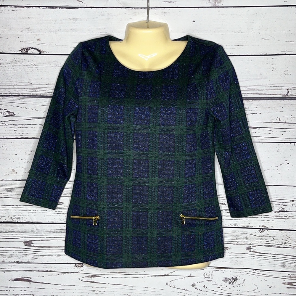 Talbots Petites Size Sp Green & Metallic Blue Plaid Gold Zipper Blouse Top